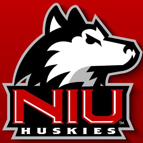 NIU Huskies logo with a black and white husky head.
