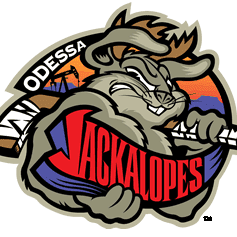 Logo of Odessa Jackalopes hockey team with a fierce jackalope holding a puck.