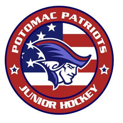 Logo of Potomac Patriots Junior Hockey with a patriot head and stars.