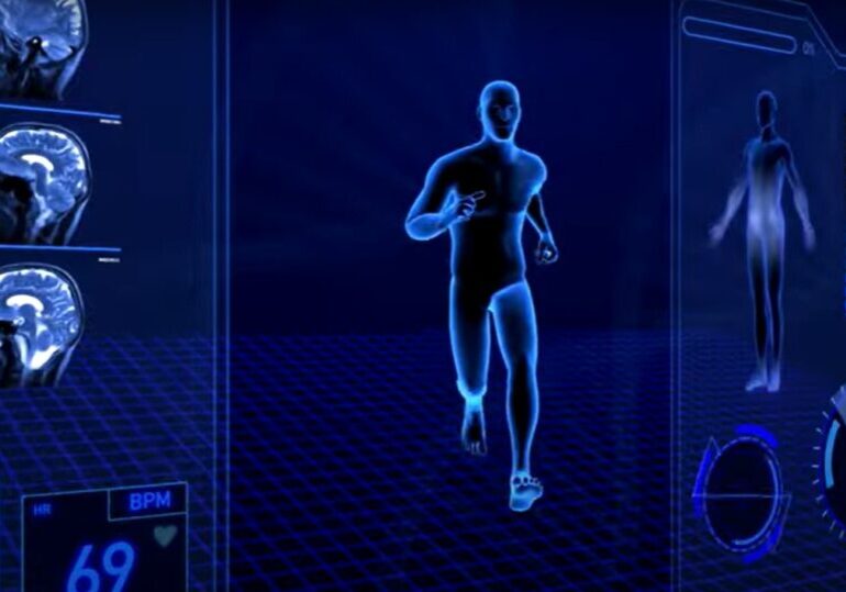 Digital blue silhouette of a running athlete against a dark background.