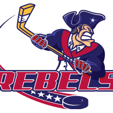 Cartoon hockey player in blue uniform with "REBELS" text.