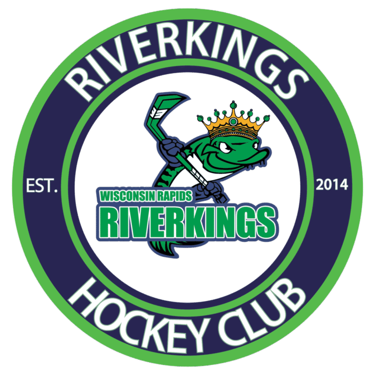 Logo of Riverkings Hockey Club with a crowned alligator and hockey stick.