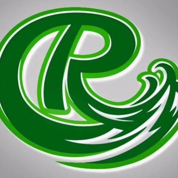 Green stylized letter R with wave design on gray background.