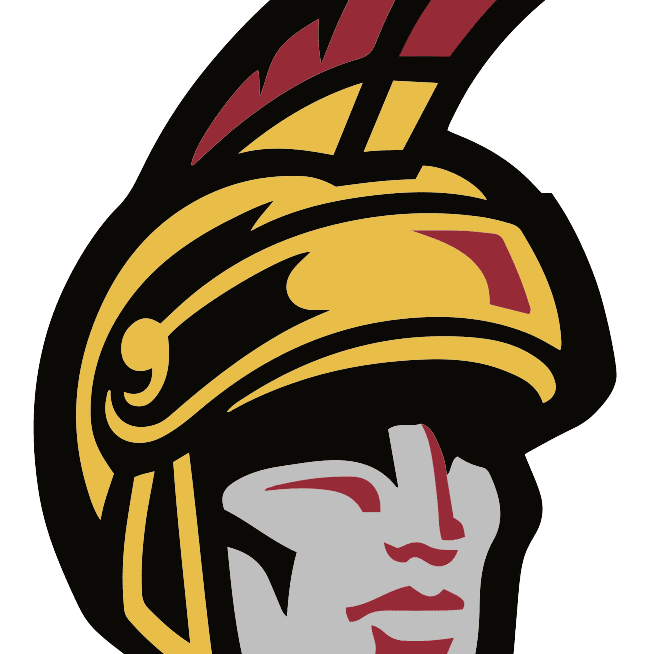 Stylized Trojan warrior helmet logo with bold colors.