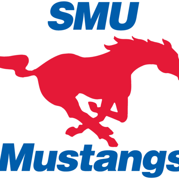Red mustang horse logo with SMU Mustangs text.