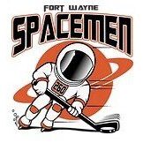 Logo of Fort Wayne Spacemen hockey team with astronaut and hockey stick.