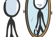 Stick figure looking at mirror reflection.