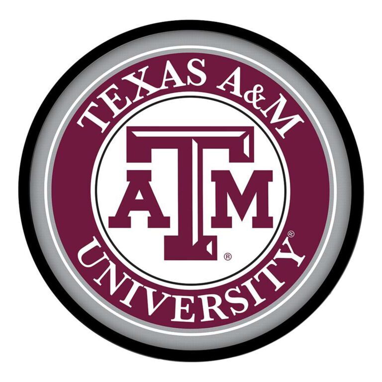 Texas A&M University emblem with maroon and white colors.