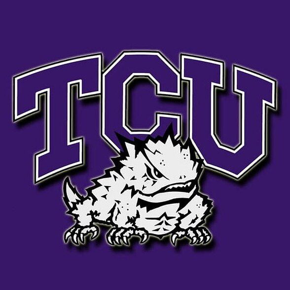 TCU logo with a horned frog mascot on a purple background.