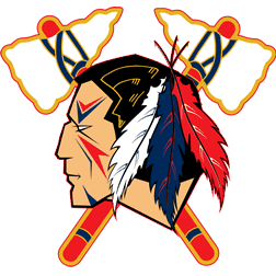 Native American inspired logo with feathers and tomahawks.