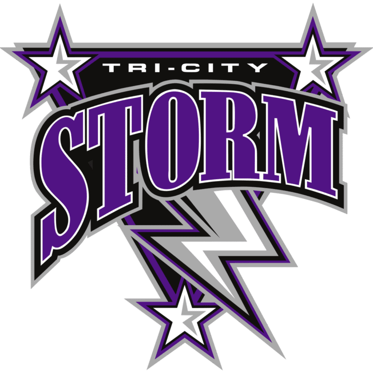Logo of Tri-City Storm hockey team with purple stars and lightning bolt.
