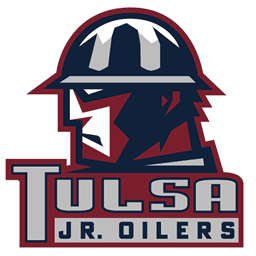 Tulsa Jr. Oilers hockey team logo with a masked player and a hard hat.
