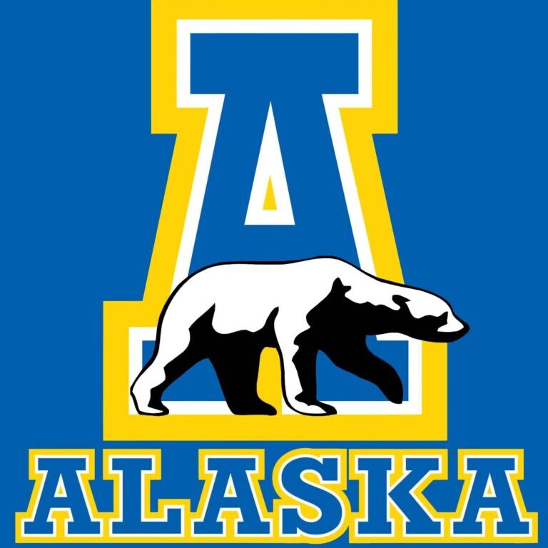Alaska logo featuring a bear and large letter A on blue background.