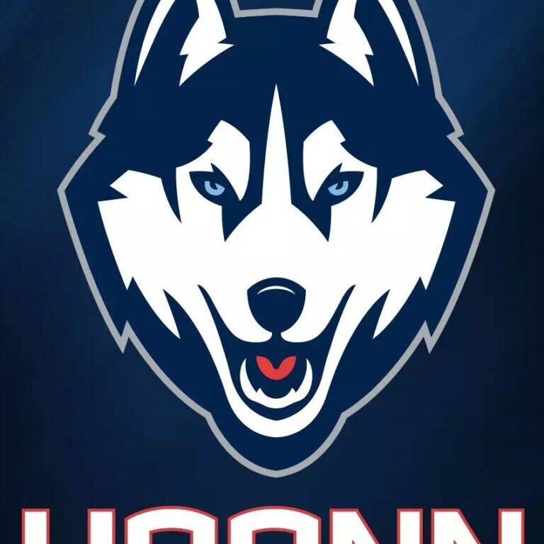UConn Huskies logo with a fierce husky face in blue and white.