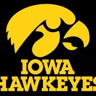 Iowa Hawkeyes logo with a bold yellow hawk head and text.