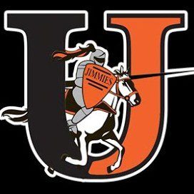 Logo of a knight on horseback with a shield inside a large U and orange letter.