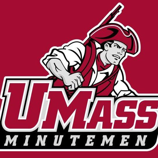 UMass Minutemen logo with a colonial figure and bold text on a maroon background.