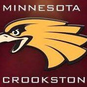 Minnesota Crookston Golden Eagles logo with fierce eagle head on maroon background.