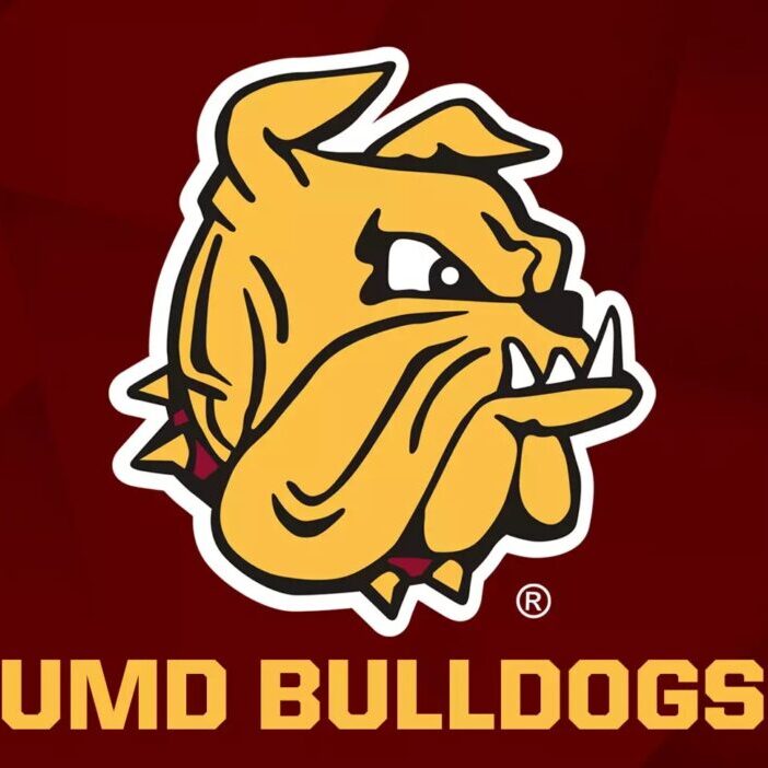 UMD Bulldogs logo featuring a fierce bulldog illustration.