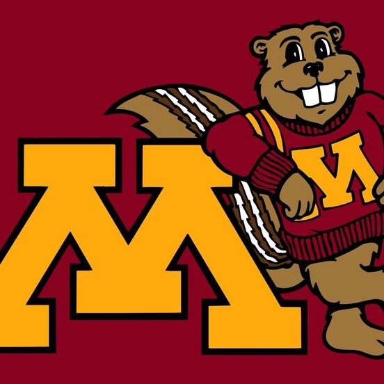 University of Minnesota mascot with a large gold 'M' logo on a maroon background.