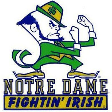 Notre Dame Fightin' Irish mascot in green and gold.
