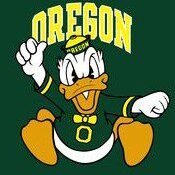 Cartoon duck mascot wearing Oregon gear and cheering.
