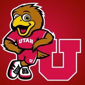 Cartoon hawk mascot wearing Utah sports gear beside a large red 'U'.