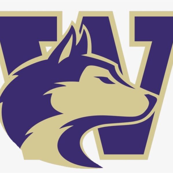 Stylized husky head logo in purple and beige with a large 'W' background.