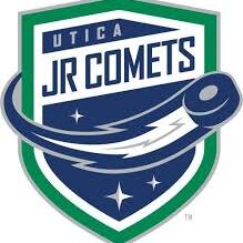Logo of the Utica JR Comets with a hockey puck and shield design.