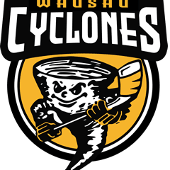 Logo of the Wausau Cyclones hockey team featuring a fierce cyclone with a hockey stick.