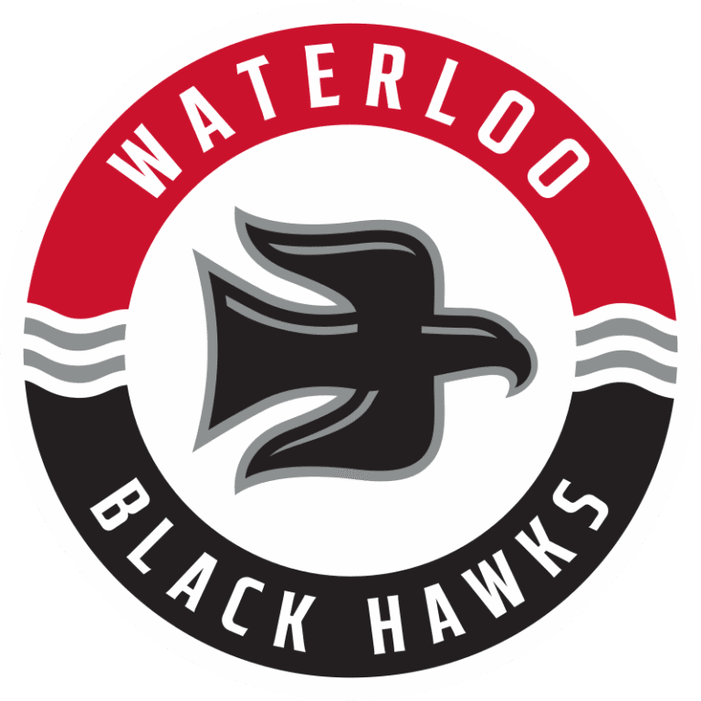 Waterloo Black Hawks logo with a black hawk and red, white, black colors.