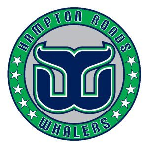 Logo of the Hampton Roads Whalers hockey team with a whale tail and green circular border.