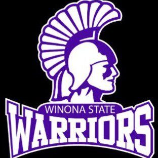 Winona State Warriors logo with a purple warrior helmet on a black background.