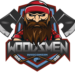 Logo of a bearded woodsman with axes and Wisconsin flag.