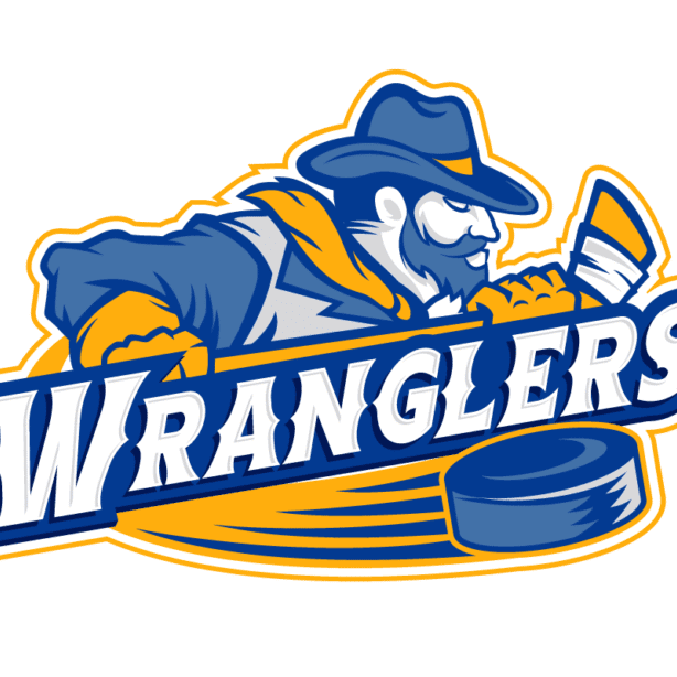 A fierce hockey player logo for Wranglers with a puck.